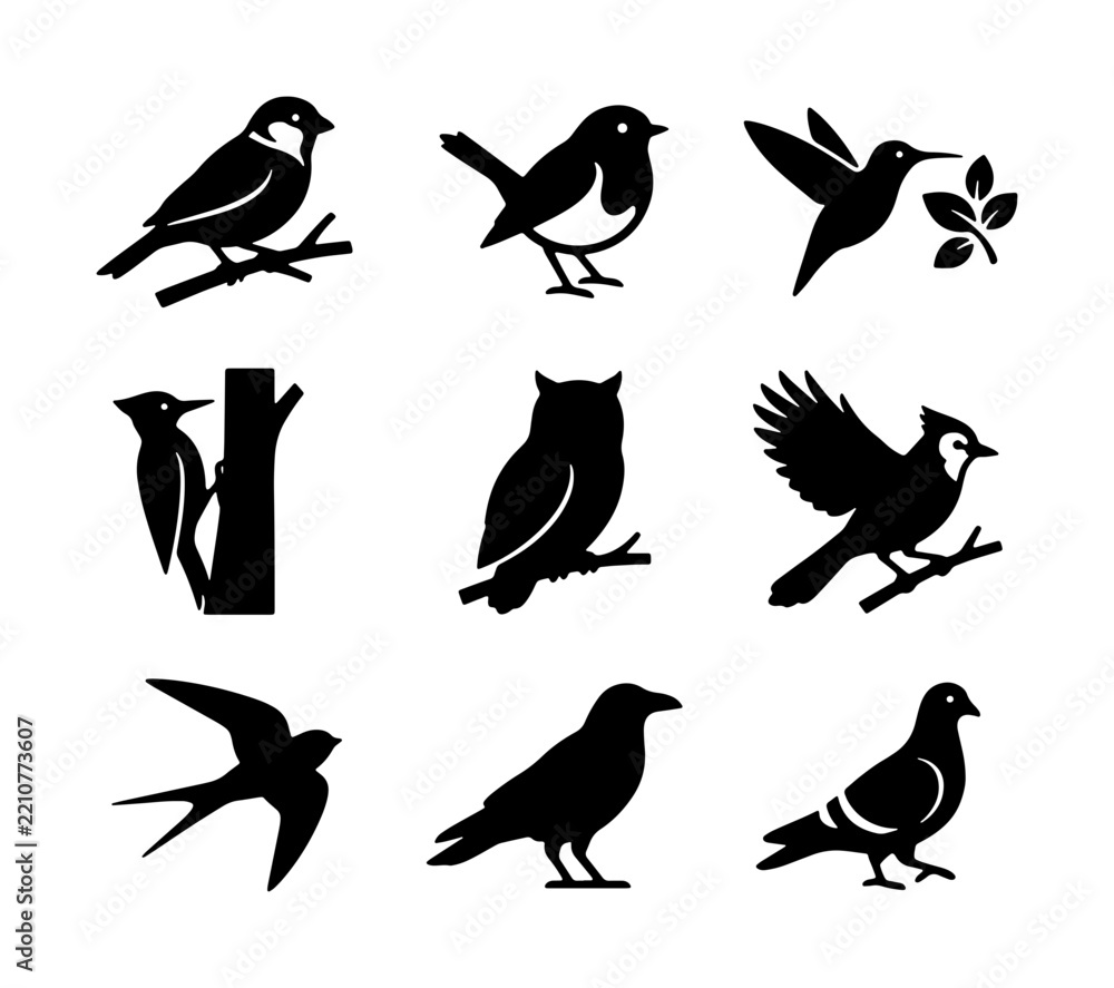 Fototapeta premium Bird silhouettes set with sparrow, hummingbird, owl, woodpecker, swallow and pigeon for logo or icon