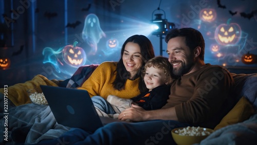 Family cuddled on couch watching Halloween movie, laptop screen glowing in dark room, popcorn bowls