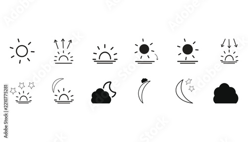 Weather Icon Set – Sun, Sunrise, Sunset, Moon, Clouds and Night Weather Symbols