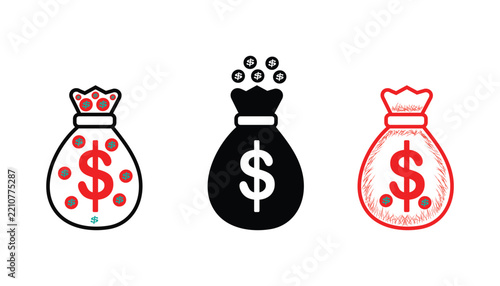 Money Bag Icon Set – Cash, Wealth and Financial Savings Symbols in Black and Red