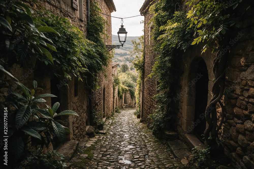 Fototapeta premium Narrow cobblestone alley in rustic european village with vintage