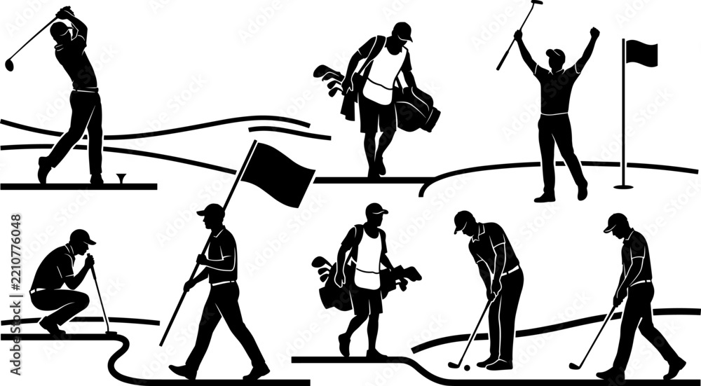 Fototapeta premium Golf Players Celebrating Victory and Carrying Bags Silhouette Icon Set
