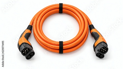 Neatly Coiled Heavy Duty High Voltage Orange EV Charging Cable on White