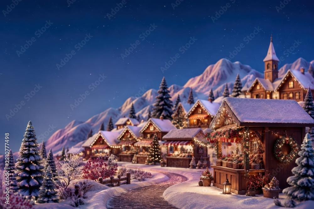Obraz premium Snowy Christmas village beneath glowing alpine mountains