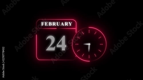 Neon calendar and clock showing february 24 date with time