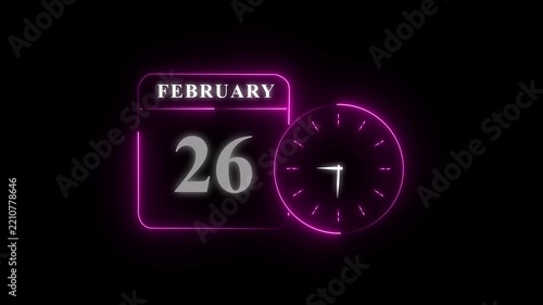 February 26 date with glowing purple clock illustration