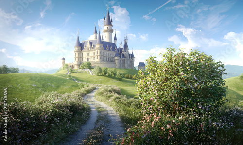 A Winding Path Leads to a Majestic Fairy Tale Castle on a Hill