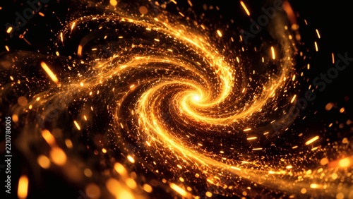 Dynamic Swirling Vortex of Glowing Golden Fire Embers and Sparks on Black