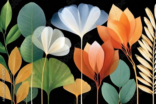 Black background with translucent pressed botanical specimens in green, blue, orange, and gold tones arranged as decorative floral elements for design projects