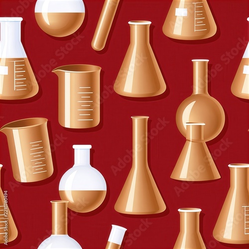 Seamless pattern of laboratory glassware including beakers, flasks, and test tubes with amber liquid on deep red background