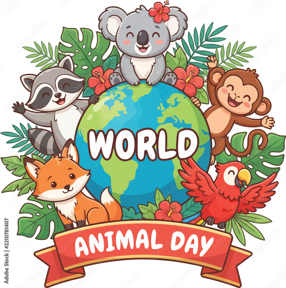 Fototapeta premium Colorful Cartoon Animals Around Globe Celebrating World Animal Day with Tropical Leaves and Festive Ribbon Banner