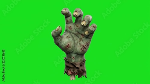 Green zombie hand reaching and grasping on green screen background