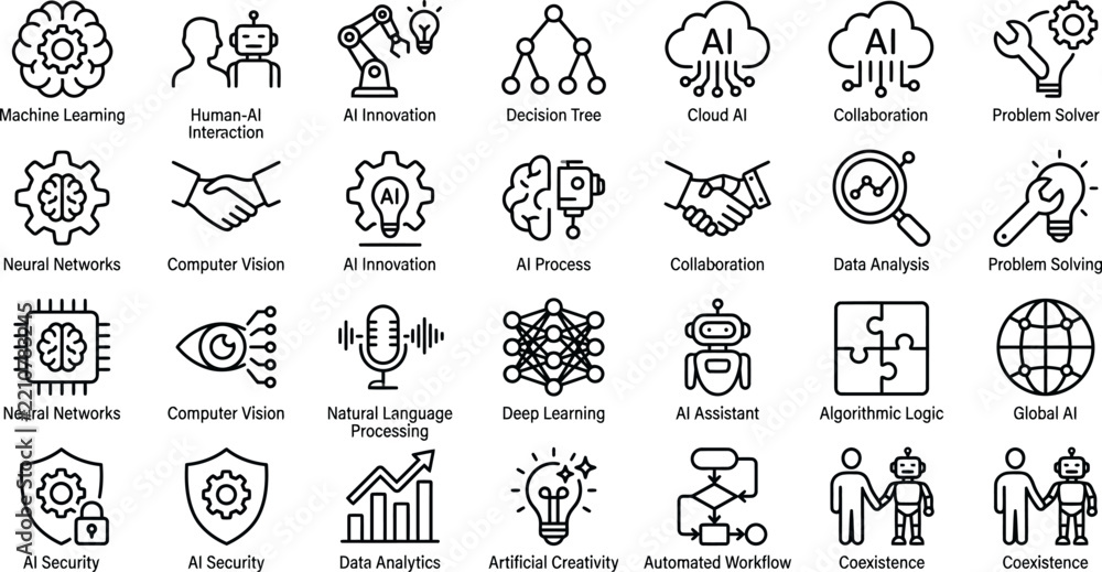 Fototapeta premium Artificial intelligence line icons set featuring machine learning neural networks deep learning and data analytics concepts