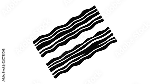 Two delicious crispy bacon strips depicted as a minimalist black and white vector icon graphic