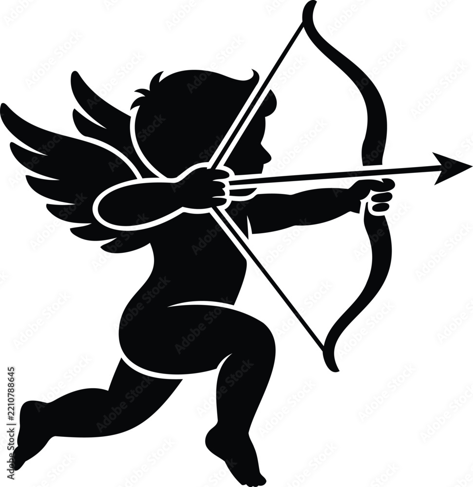 Fototapeta premium Black silhouette of a cherub aiming a bow and arrow, with wings spread cupid white
