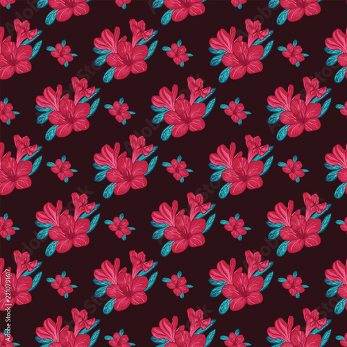 Vibrant floral pattern featuring pink and blue flowers on a deep burgundy background.