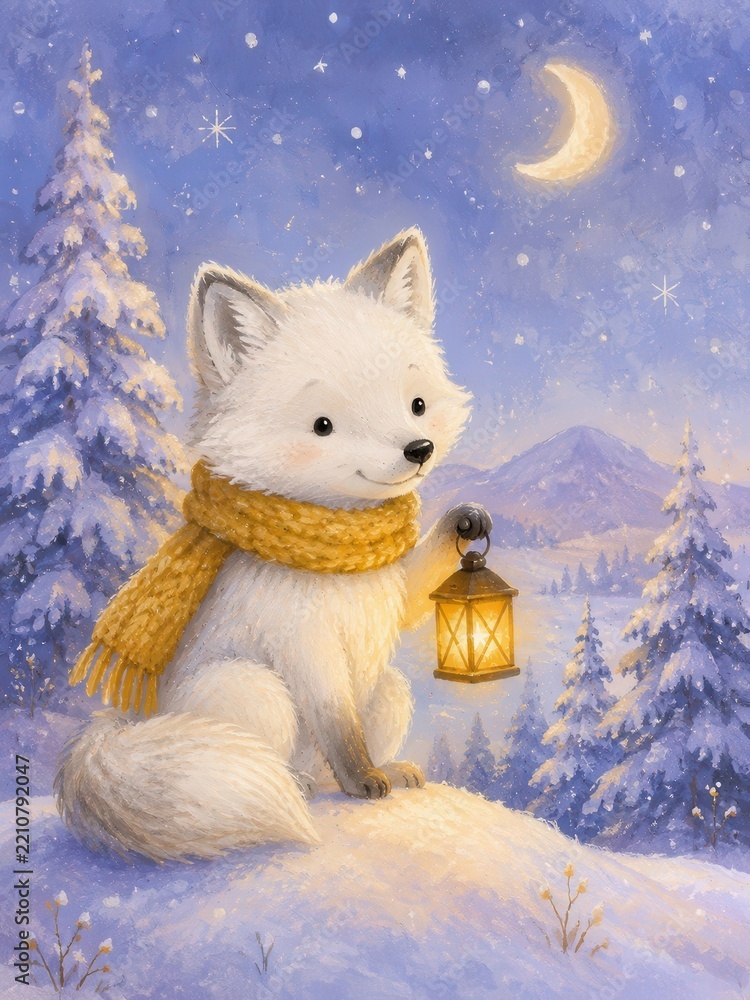 Obraz premium Whimsical white fox cub with lantern in snowy moonlit forest