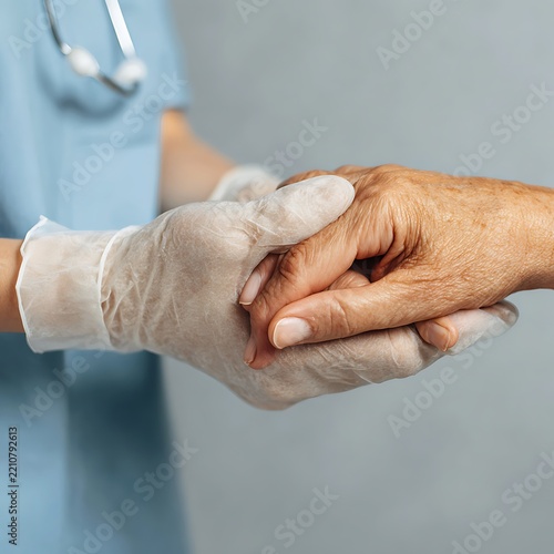 Medical caregiver demonstrating empathy while supporting patient hand high resolution picture