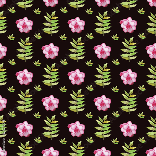 Vibrant floral pattern with pink flowers and green leaves on a dark background, perfect for fabric designs.