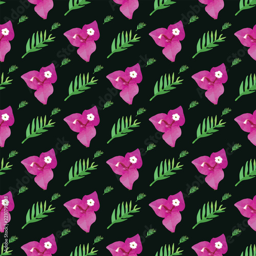 Vibrant floral pattern featuring pink bougainvillea and green leaves on a dark background.