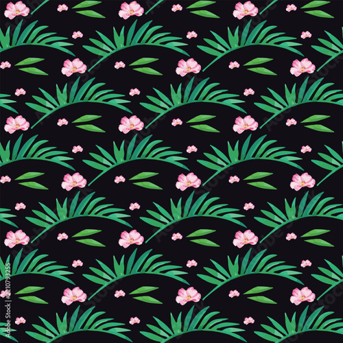 Vibrant floral pattern with pink flowers and lush green leaves on a dark background.