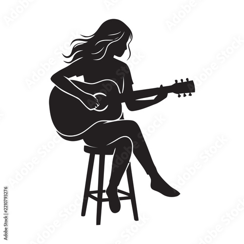 Woman Playing Acoustic Guitar Vector Silhouette - Female Guitarist Sitting on Stool Icon   