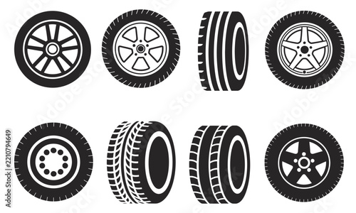 Set of eight black and white car tire and wheel icons featuring diverse tread patterns and rim styles viewed from different angles on white background
