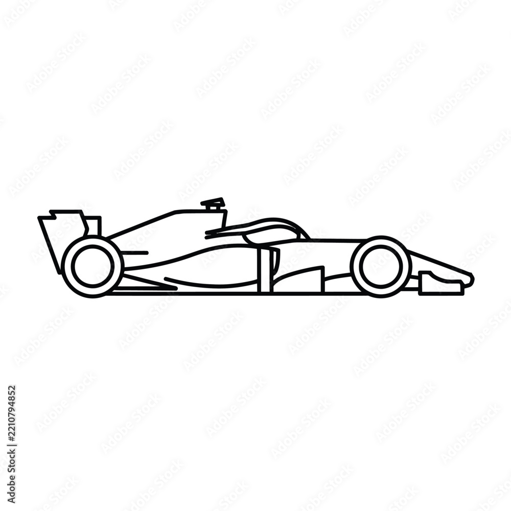 Obraz premium Simple black outline of a formula 1 race car viewed from the side, isolated on a white background, showing the chassis, wheels, and wings