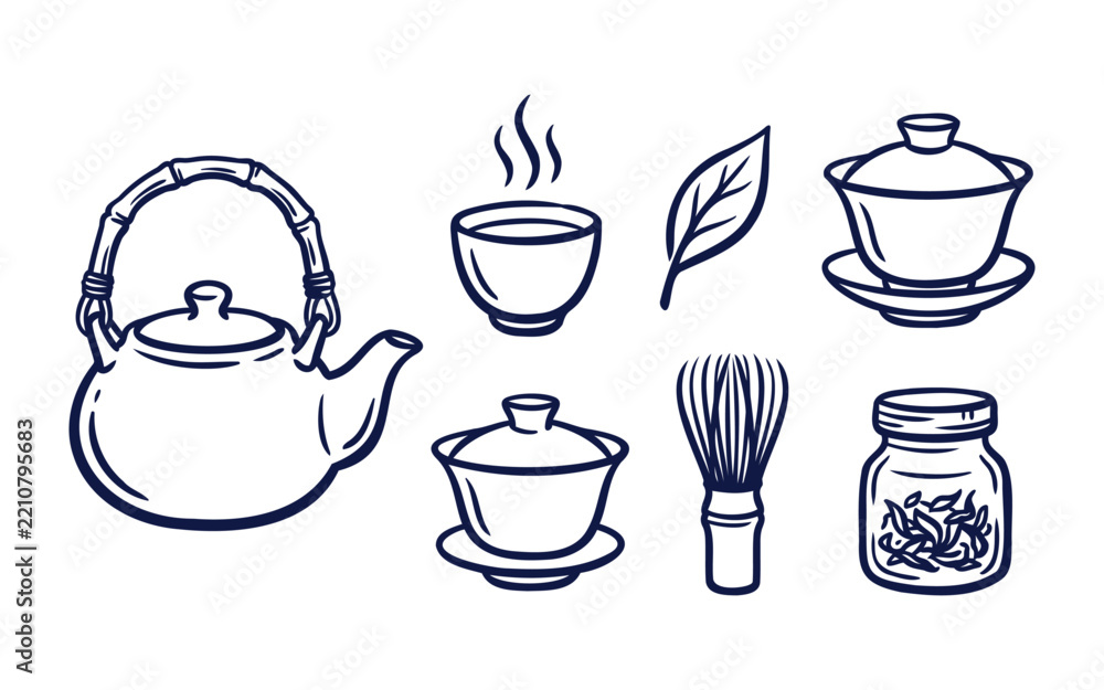 Fototapeta premium Hand-drawn tea set with teapot, gaiwan, matcha whisk, tea leaves, and steaming cup, black outline