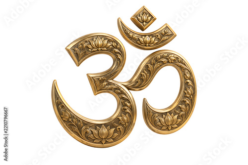 Golden om symbol with floral and lotus engravings isolated on transparent background