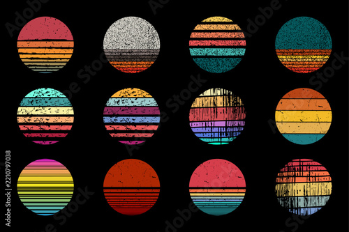 Retro sunset circle set with distressed grunge texture isolated on black background.