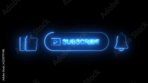 Blue neon subscribe button like thumb and bell set on dark background glowing animation.