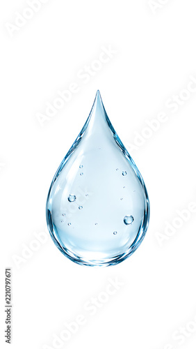Single transparent water drop with tiny air bubbles isolated on transparent background