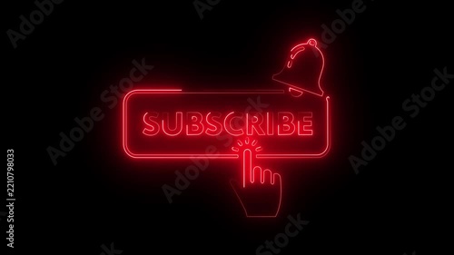 Red neon subscribe button with notification bell icon and clicking hand cursor on dark background animation.
