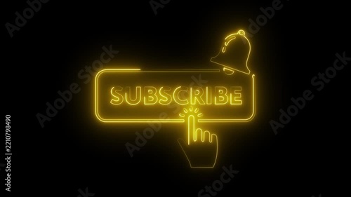 Yellow neon subscribe button with notification bell icon and clicking hand cursor on dark background animation.