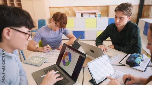 High school students collaborating on group project in a classroom