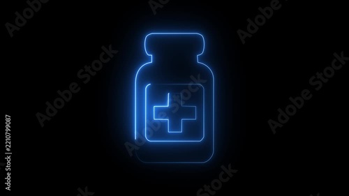 Blue neon medicine bottle icon on dark background, glowing pill jar healthcare cross symbol.