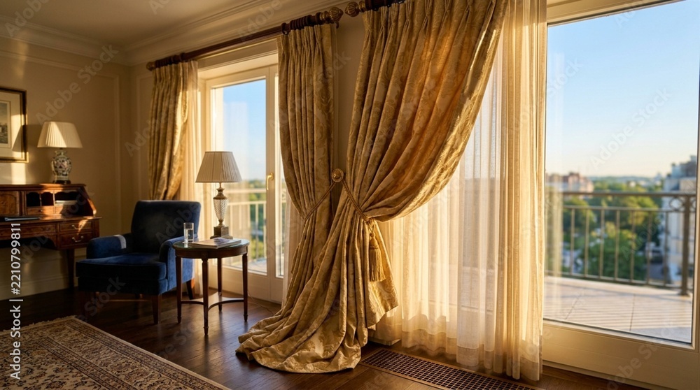 Fototapeta premium Luxury hotel suite interior with golden curtains and balcony view