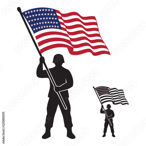 American Soldier Holding US Flag Vector Silhouette Set - Patriotic Military Hero Illustration   