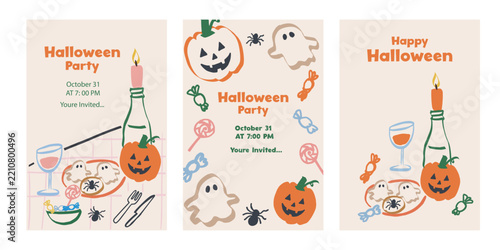 Festive Halloween party invitations with ghosts, pumpkins, and spooky decorations