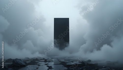 Black monolith standing in a mysterious foggy landscape with rocky