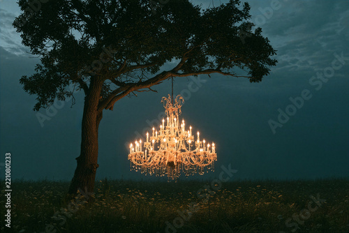 Illuminated chandelier hanging from tree branch at dusk