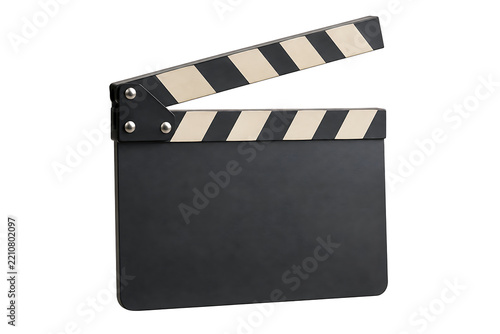 Blank black cinema clapperboard film slate open isolated on transparent background