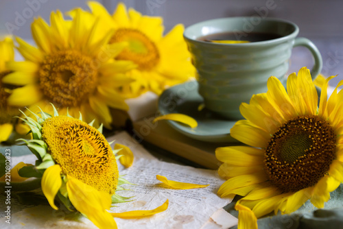 Autumn, a sunny day, sunflowers, and hot black coffee.