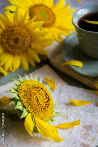Autumn, a sunny day, sunflowers, and hot black coffee.