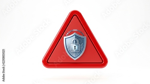 Digital Security Warning Symbol with Padlock and Circuit Board Elements on Red Triangle