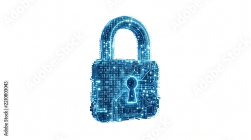 Digital padlock icon made of glowing blue circuit board and binary code on white background