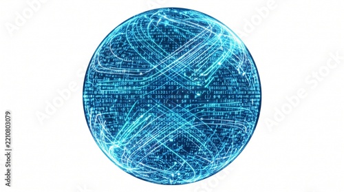 Abstract Digital Globe with Blue Glowing Binary Code and Data Streams on White Background