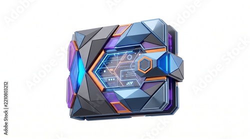 Futuristic Digital Wallet with Neon Lights and Geometric Design on White Background