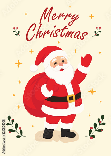 Merry Christmas greeting card with cute Santa Claus, red heart, holly branches and festive decorative elements.